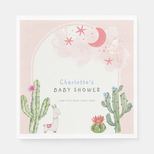 Pink Boho Arch  Cactus Toys Girl Baby Shower  Napkin (Front)