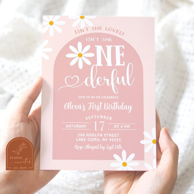 Pink Boho Arch Daisy Onederful First Birthday Invitation (Creator Uploaded)
