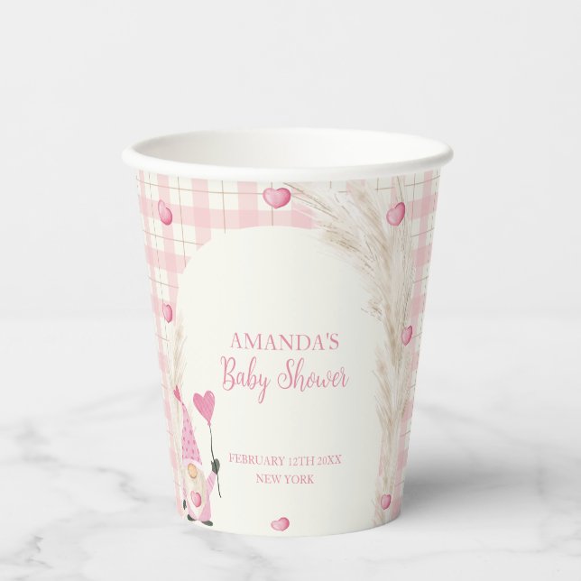 Pink Boho Arch Gingham Sweetheart Baby Shower Paper Cups (Front)