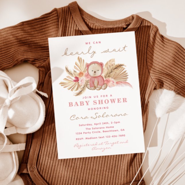 Pink Boho Bear Baby Shower Invitation | Bearly (Creator Uploaded)