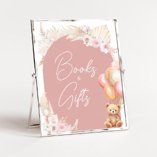 Pink Boho Bear Balloon Baby Shower Books and Gifts Poster