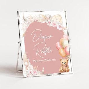 Pink Boho Bear Balloon Baby Shower Diaper Raffle Poster