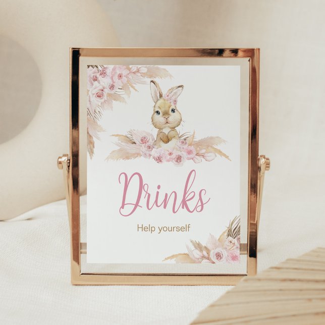 Pink Boho Bunny Baby Shower Drinks Poster (Pampas Grass Girl Bunny Baby Shower Drinks Sign)