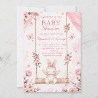 Pink Boho Bunny Baby Shower Invitation Girl