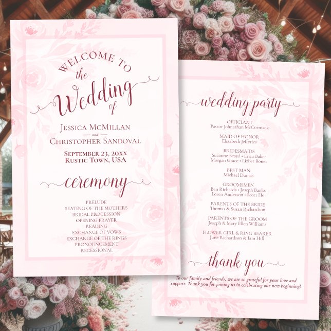 Pink Boho Chic Peonies Budget Wedding Program (Front/Back)