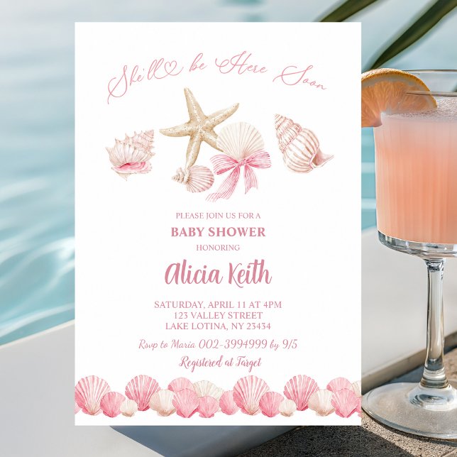 Pink Boho Coastal She'll be here soon baby shower Invitation (Creator Uploaded)