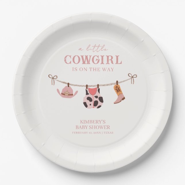 Pink Boho Cowgirl Clothesline Cowhide Baby Shower  Paper Plate (Front)