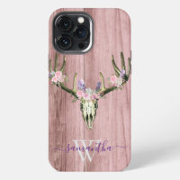 Pink Boho Deer Skull Floral Monogram Chic