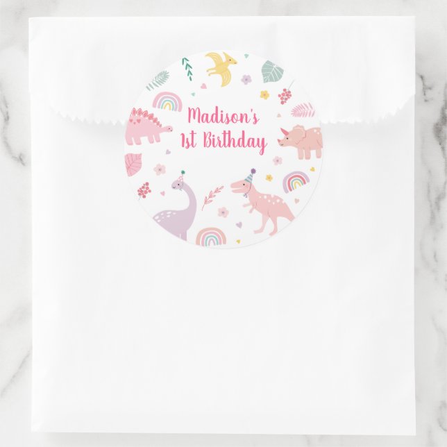 Pink Boho Dinosaur Birthday Classic Round Sticker (Bag)