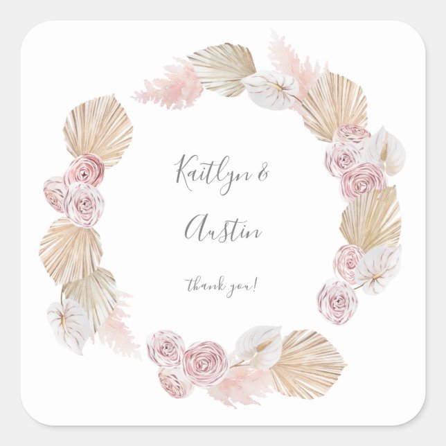 Pink Boho & Dried Palm Floral Thank You Square Sticker (Front)