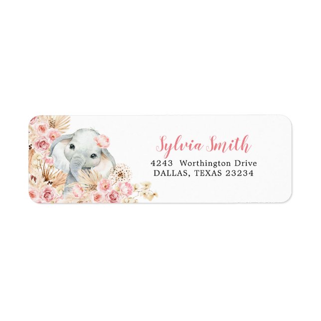 Pink Boho Elephant Girl Baby Shower Address Label (Front)