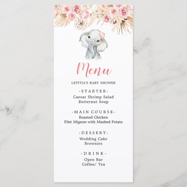 Pink Boho Elephant Girl Baby Shower Menu (Front)