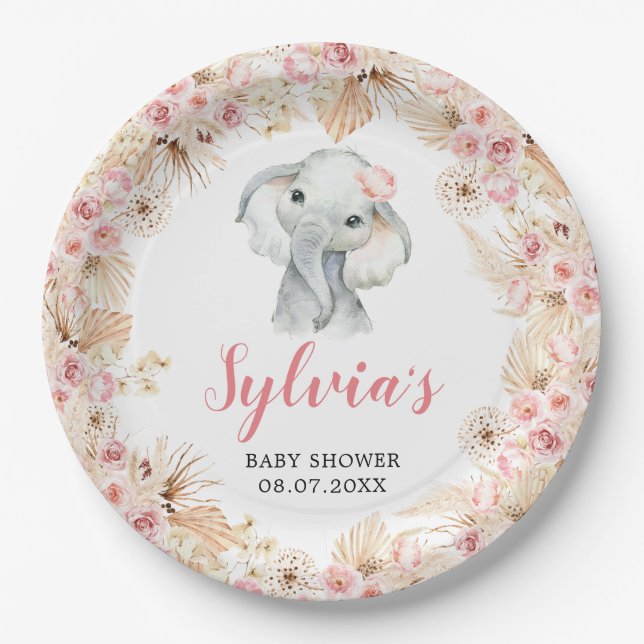 Pink Boho Elephant Girl Baby Shower Paper Plate (Front)