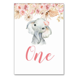 Pink Boho Elephant Girl Baby Shower Table Number
