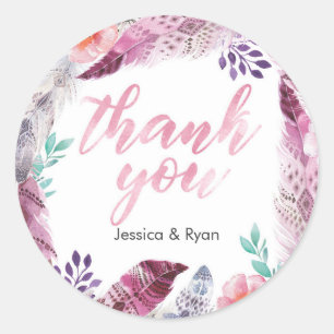 Pink Boho Feather Thank you stickers