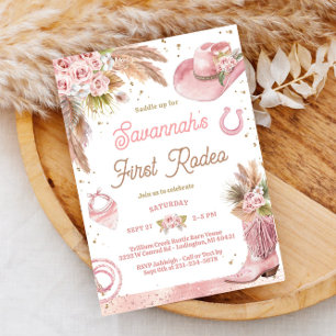 Pink Boho First Rodeo 1st Birthday Invitation