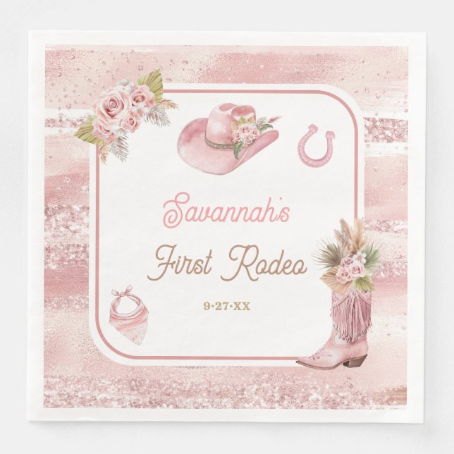 Pink Boho First Rodeo 1st Birthday Napkin (Front)