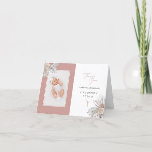 Pink Boho Floral Baptism Folded Photo Collage Thank You Card