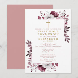Pink Boho Floral Botanical First Holy Communion Save The Date