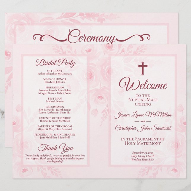 Pink Boho Floral DIY Fold Catholic Wedding Program (Front/Back)