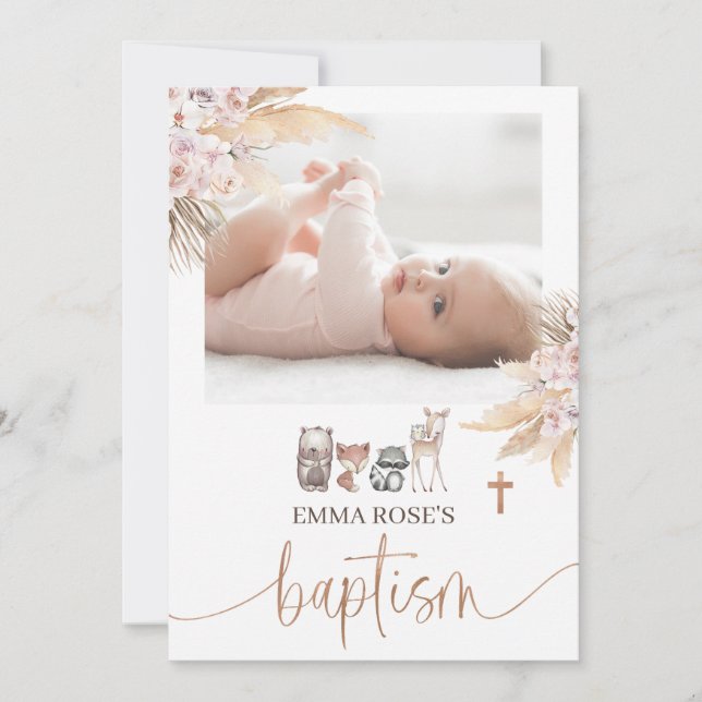 Pink Boho Floral Gold Calligraphy Baptism  Invitation (Front)