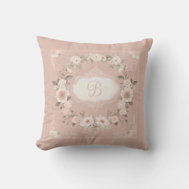 Pink Boho Floral Monogram Throw Pillow (Front)