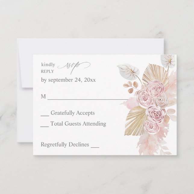 Pink Boho Floral no Meal RSVP (Front)