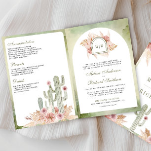 Pink Boho Floral Pampas Cactus QR Code Wedding Invitation