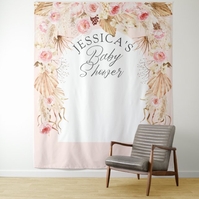 pink Boho Floral Pampass Baby Girl Shower Backdrop Tapestry (In Situ)
