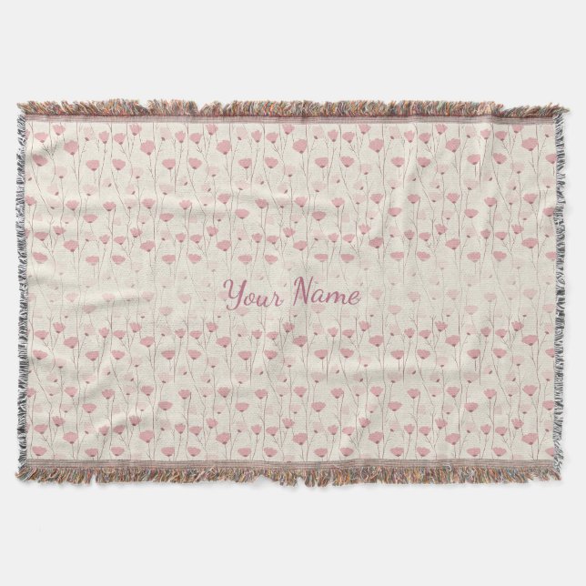 Pink Boho Floral Pattern Personalized Throw Blanket (Front)