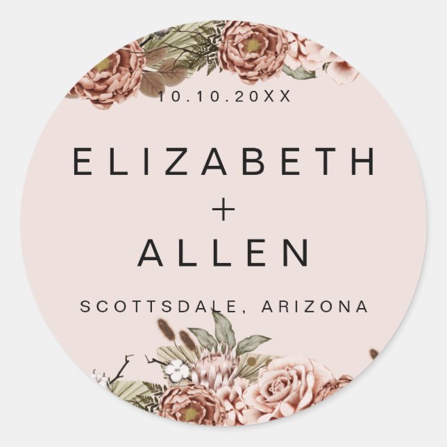 Pink Boho Floral Personalized Bride and Groom Classic Round Sticker (Front)