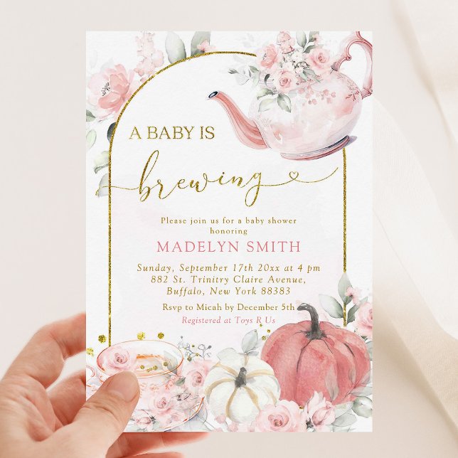Pink Boho Floral Pumpkin A baby Is Brewing Invitation (Creator Uploaded)