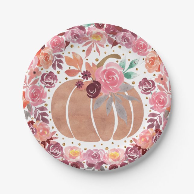 Pink Boho Floral Pumpkin Bday Shower Paper Plate (Front)