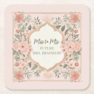 Pink Boho Floral Square Paper Coaster