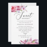 Pink boho floral Sweet 16. Garden 16th birthday Invitation<br><div class="desc">Watercolor pink floral feathers Sweet 16 birthday invitation with elegant script. Suitable for boho botanical garden party theme.</div>