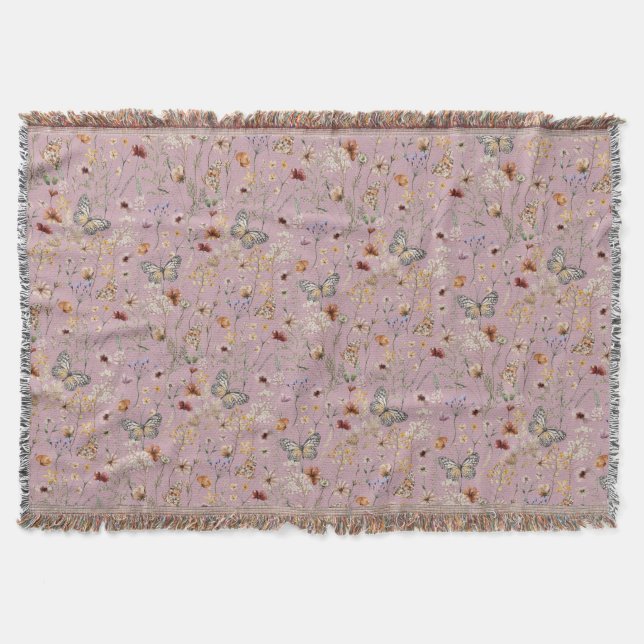 Pink Boho Floral Throw Blanket (Front)