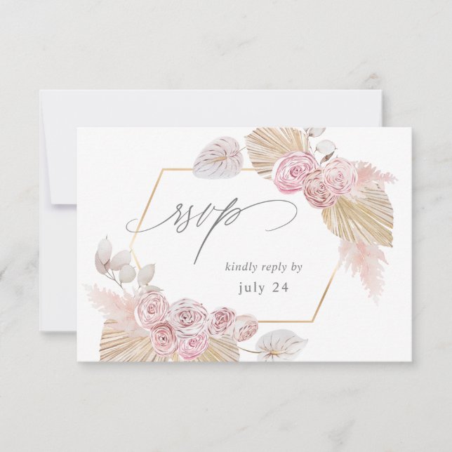 Pink Boho Floral w Meal RSVP Card (Front)