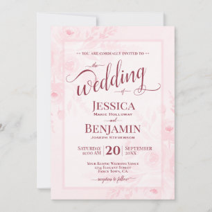 Pink Boho Floral Watercolor Stylish Script Wedding Invitation