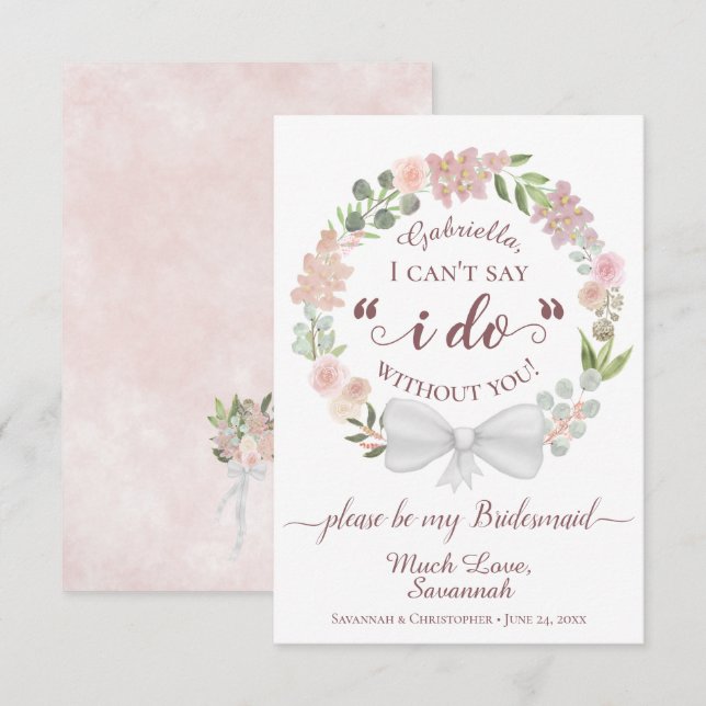 Pink Boho Floral Wreath Be my Bridesmaid Card (Front/Back)