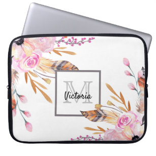 Pink boho florals feather white girly monogrammed laptop sleeve
