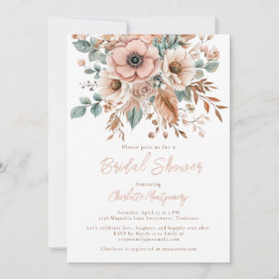 Pink Boho Flower & Feathers Elegant Bridal Shower Invitation