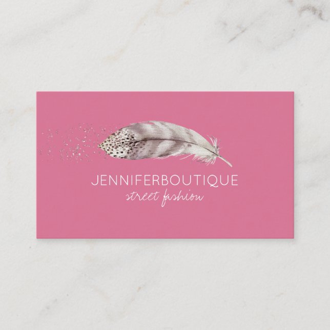 Pink Boho Hand Drawn Angel Bird Feather Business Card (Front)