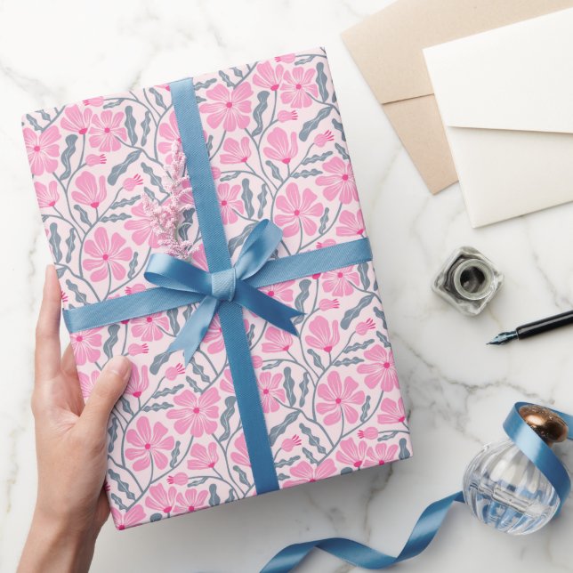 Pink Boho Mid Century Modern Floral Pattern Wrapping Paper (Gifting)