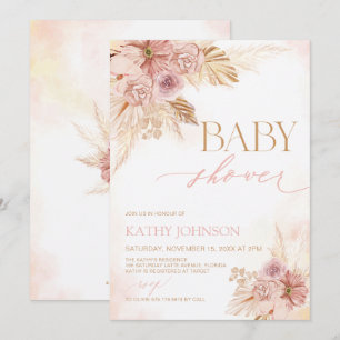 Pink Boho Pampas Baby Shower Girl Invite Editable