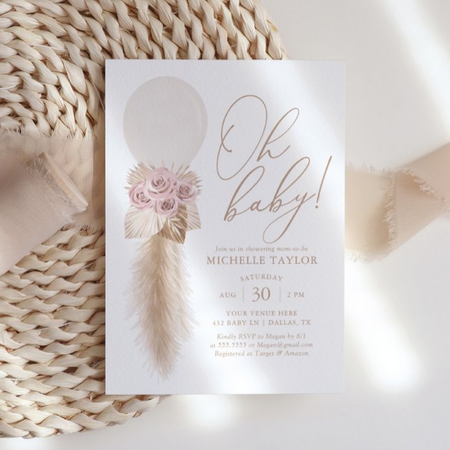 Pink Boho Pampas Grass Balloon Girl Baby Shower Invitation (Creator Uploaded)
