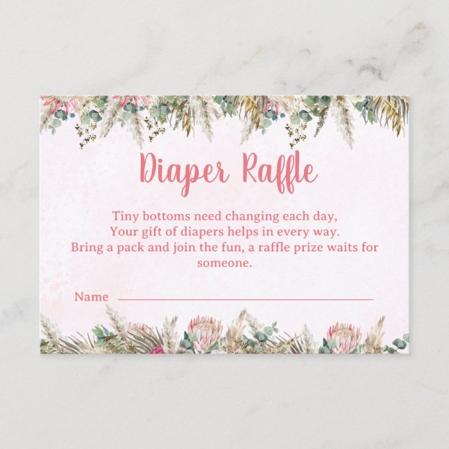 Pink Boho Pampas Grass Diaper Raffle Ticket Enclosure Card (Front)