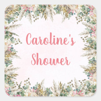 Pink Boho Pampas Grass Favor Stickers | Bridal