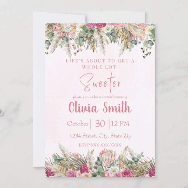 Pink Boho Pampas Grass Floral Bridal Shower Invitation (Front)