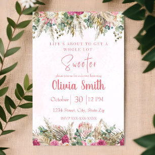 Pink Boho Pampas Grass Floral Girl Baby Shower Invitation