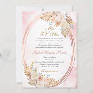 Pink boho Quinceanera invitation in Spanish